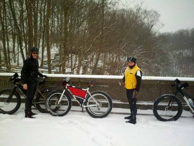 A stop at Brandywine Falls while snow biking on the Bike and Hike Trail