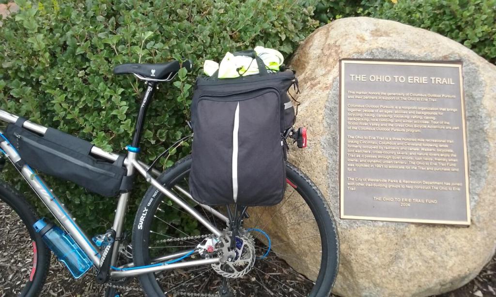 Commemorative plaque for the Ohio to Erie Trail on the Maxtown-Schrock Trail in Westerville, Ohio