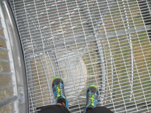 Looking down through the open-grate platforms on Rastin Observation Tower in Mount Vernon, Ohio