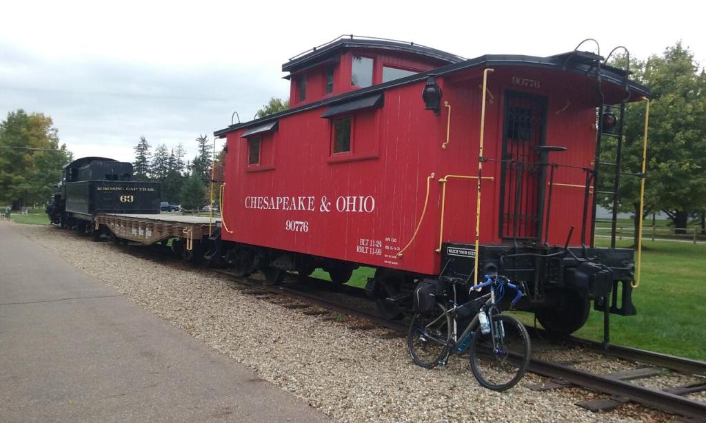 Restored steam locomotive, coal car, and caboose on the Kokosing Gap Trail in Gambier, Ohio