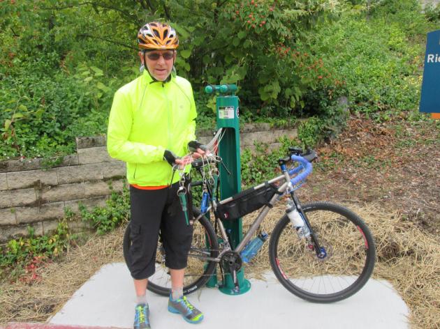 Bicycle repair station near the Richard Howe House on the Ohio & Erie Canal Towpath Trail in downtown Akron, Ohio