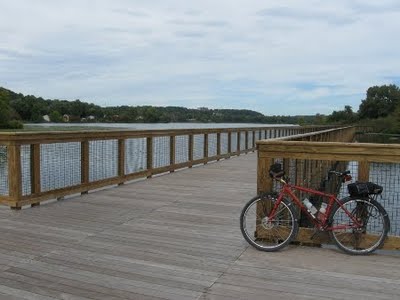 A bicycle on the floating bridge where the Ohio & Erie Canal Towpath Trail crosses over Summit Lake in Akron, Ohio.